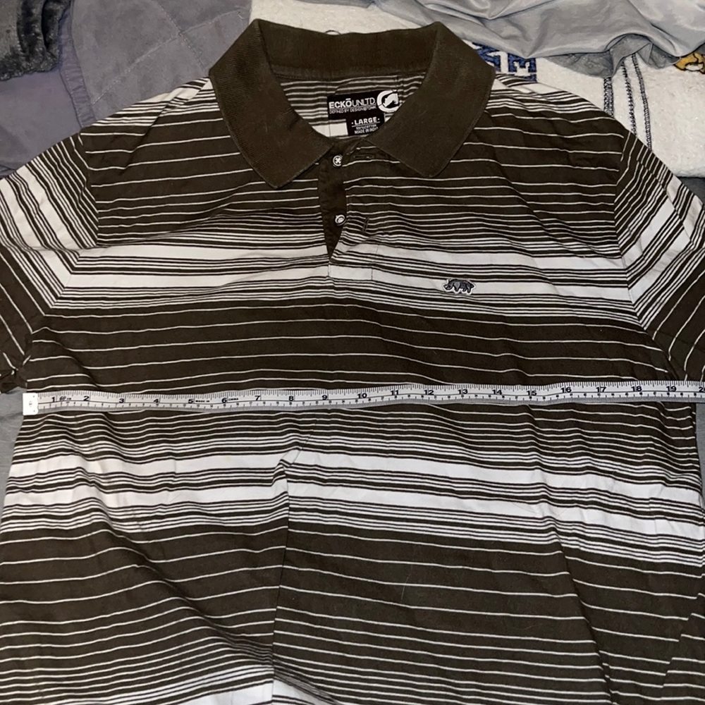 Brown and white striped Ecko Unltd polo 14 year retro rhino